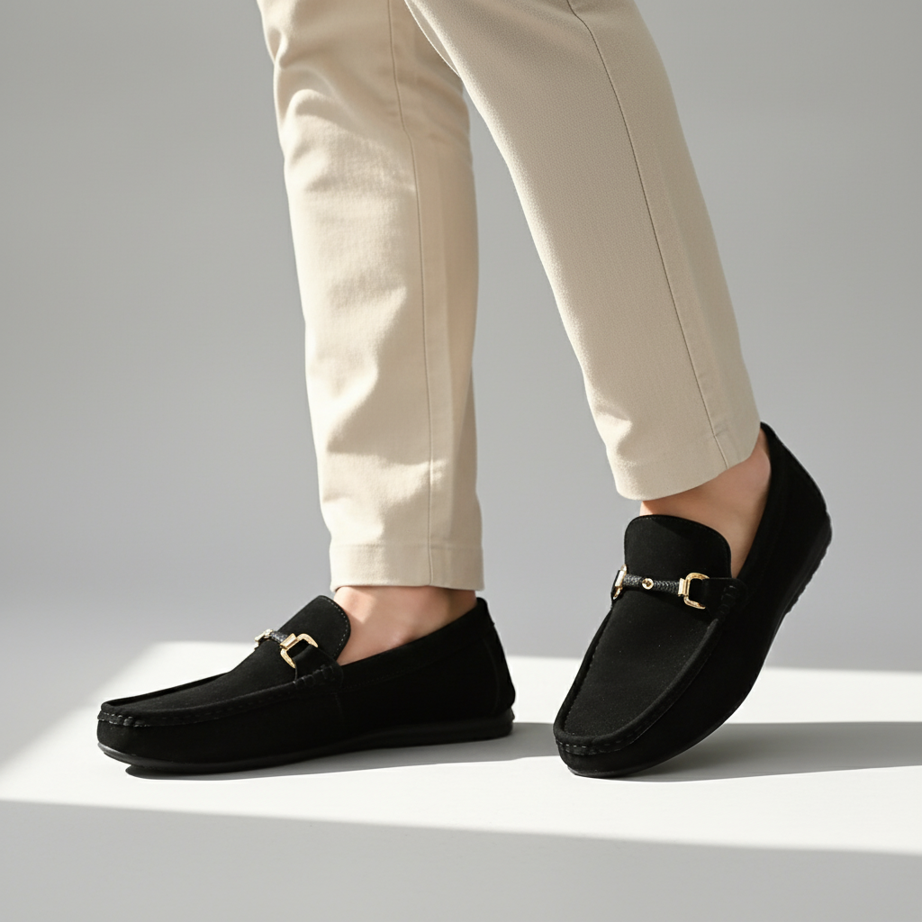 Men's Suede Loafers Slip-On Cushioned Insole Metal Buckle Brown 8