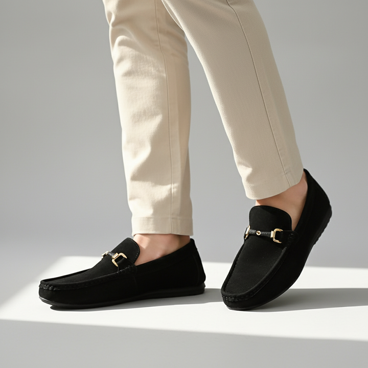 Men's Suede Loafers Slip-On Cushioned Insole Metal Buckle Brown 8