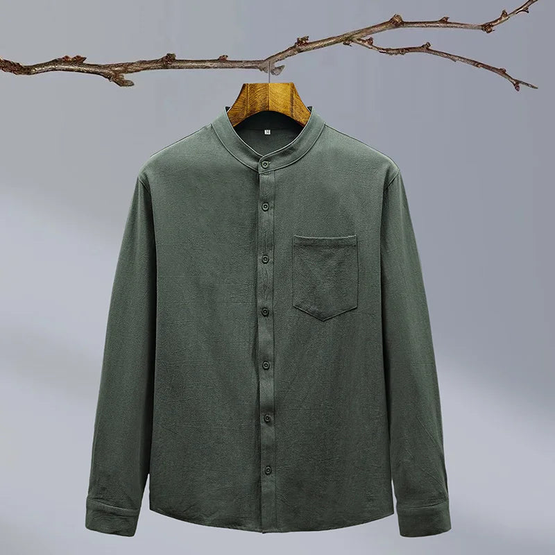 Men's Tailored Linen Shirt for Work with Stand Collar 1