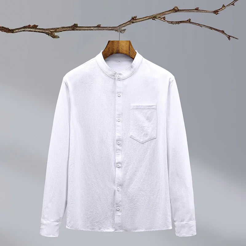 Men's Tailored Linen Shirt for Work with Stand Collar 2