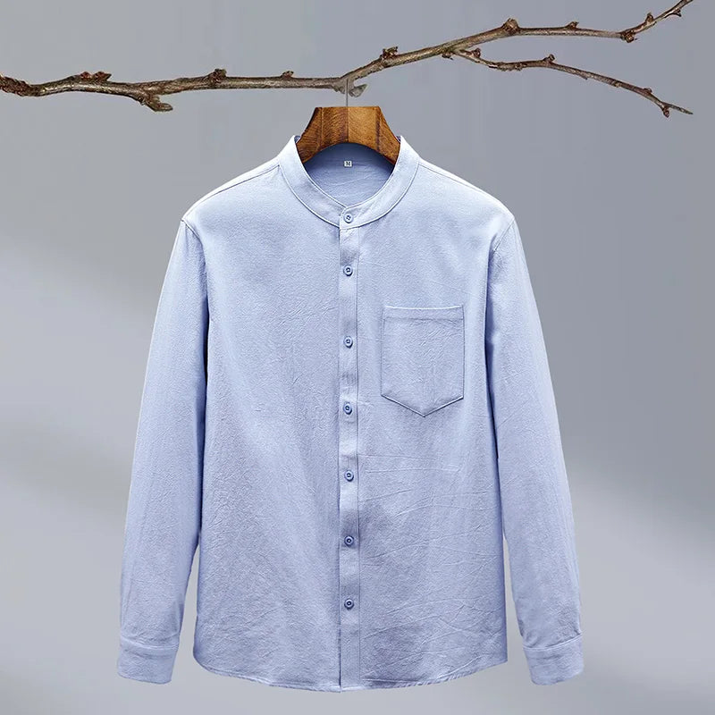 Men's Tailored Linen Shirt for Work with Stand Collar 3