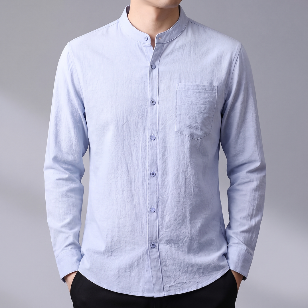 Men's Tailored Linen Shirt for Work with Stand Collar 7