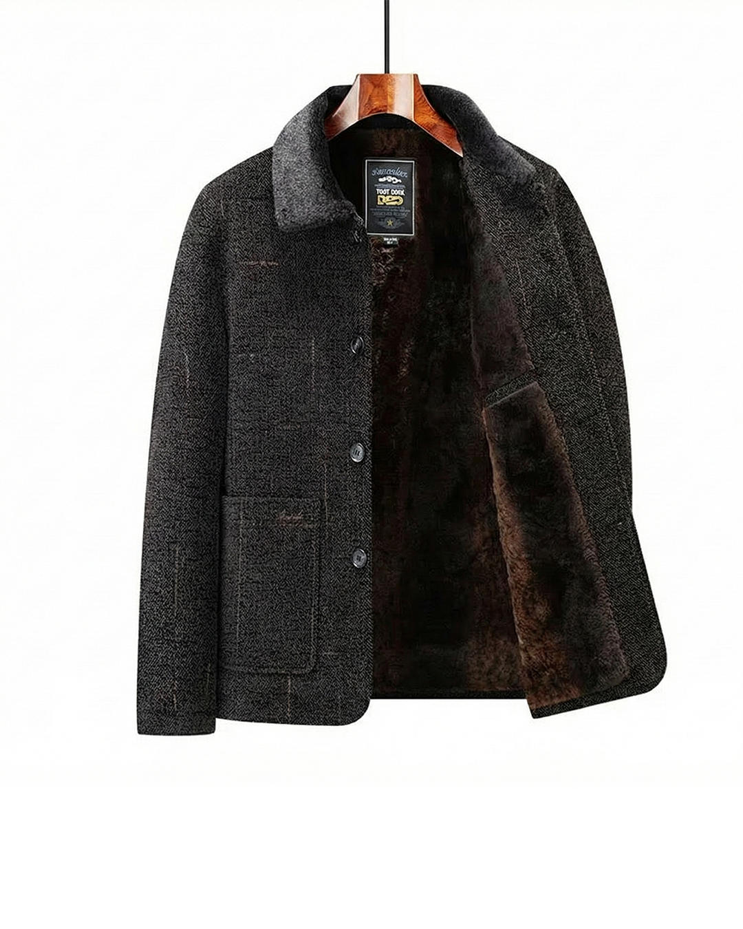 Men's Wool Jacket Lightweight Stand Collar Warm Black with Patch Pockets 0