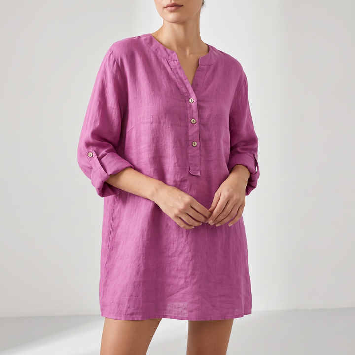 Women's Breezy Linen Shirt for Summer with V-Neck Buttons 2