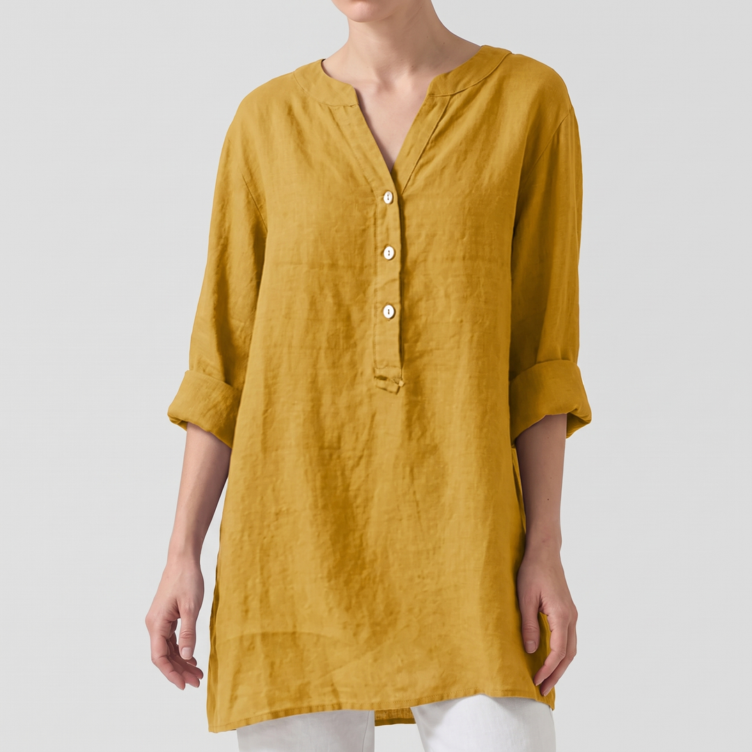 Women's Breezy Linen Shirt for Summer with V-Neck Buttons 3