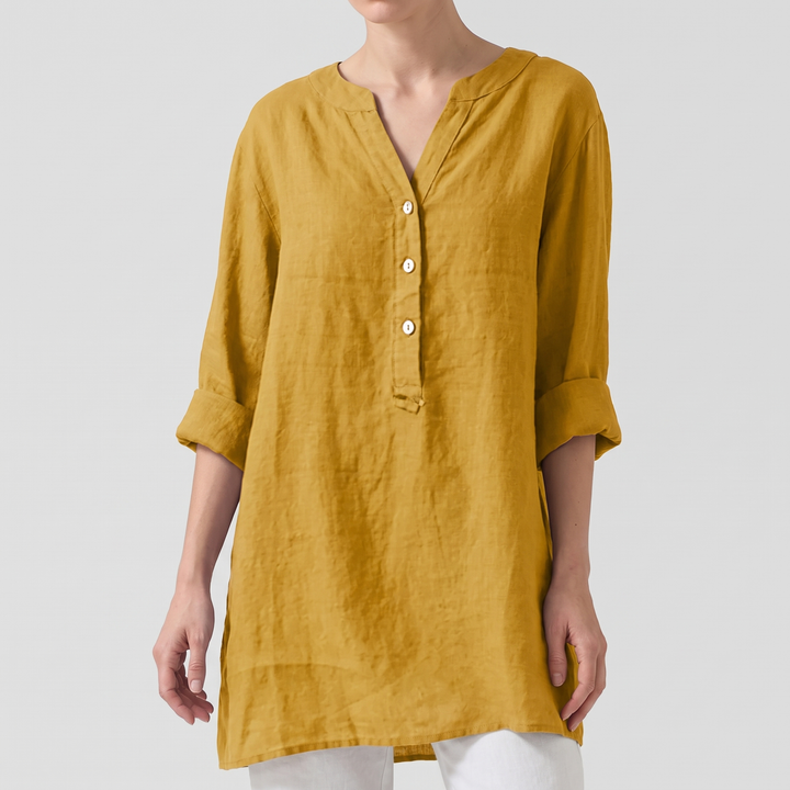 Women's Breezy Linen Shirt for Summer with V-Neck Buttons 3