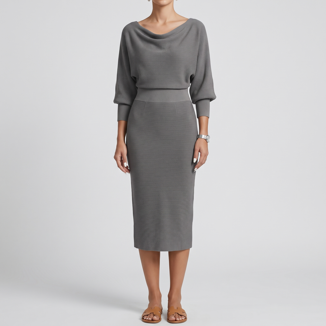 Women's Draped Midi Dress for Events with Batwing Sleeves 3