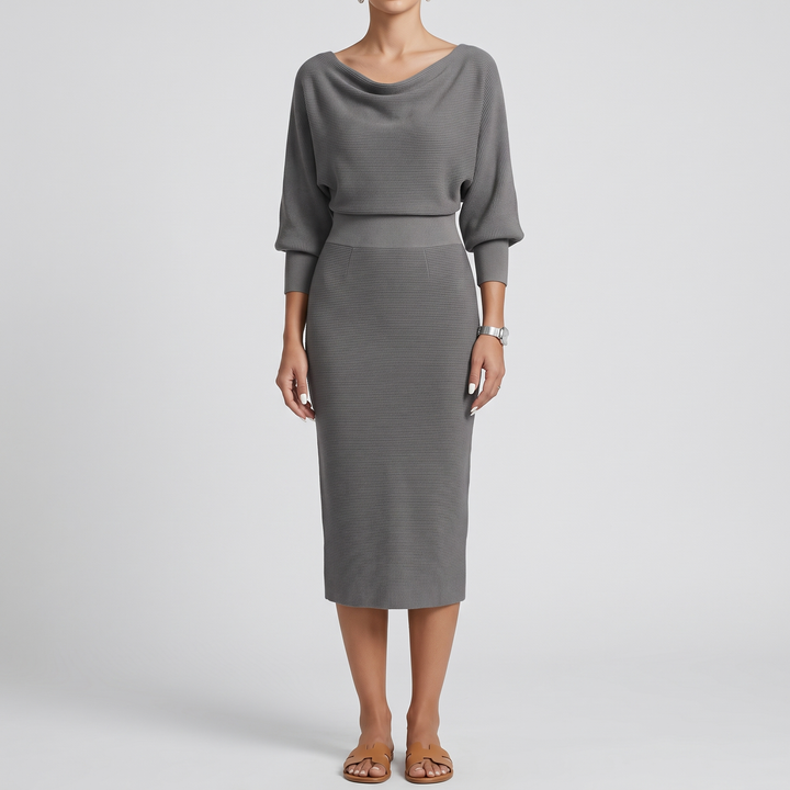 Women's Draped Midi Dress for Events with Batwing Sleeves 3