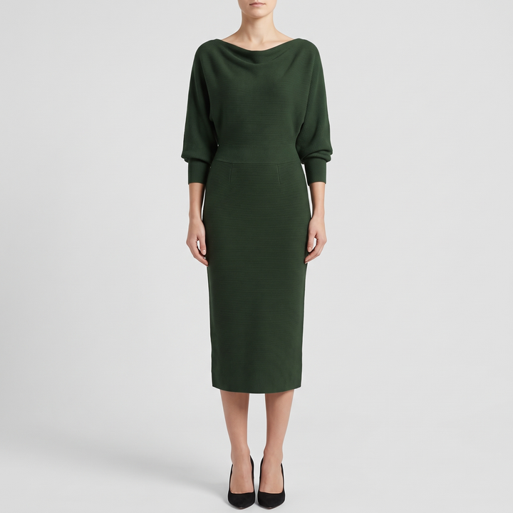 Women's Draped Midi Dress for Events with Batwing Sleeves 4
