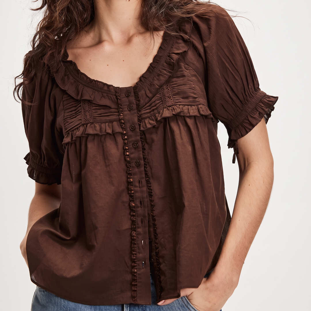 Women's Feminine Scoop Neck Blouse with Ruffle Trim 1