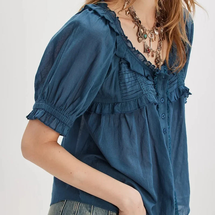 Women's Feminine Scoop Neck Blouse with Ruffle Trim 6