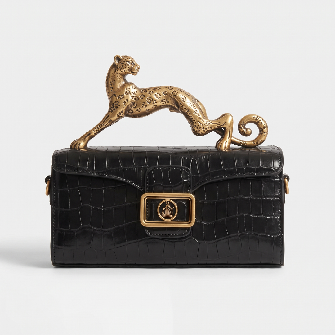 Women's Leather Bag for Events with Brass Leopard Accent 0
