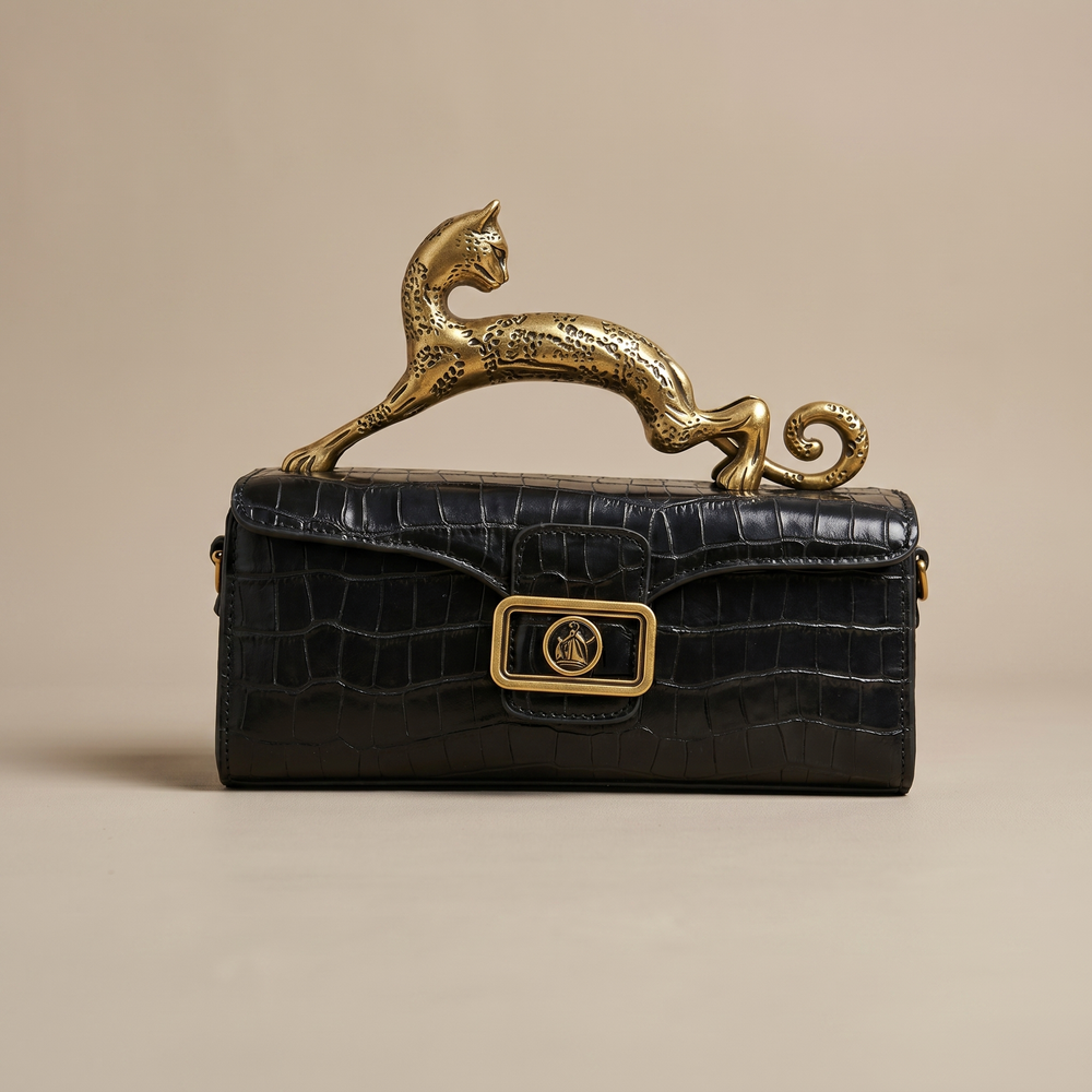 Women's Leather Bag for Events with Brass Leopard Accent 1