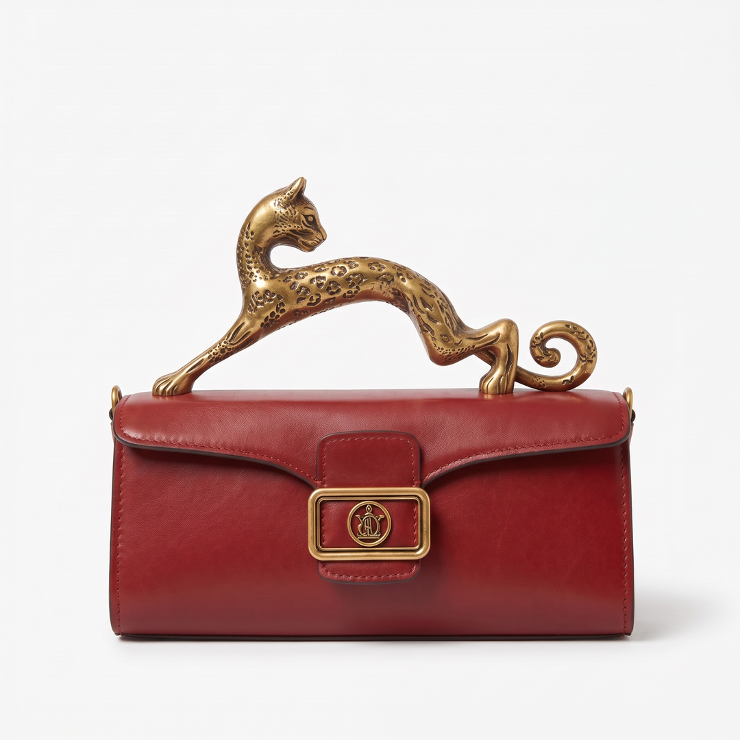 Women's Leather Bag for Events with Brass Leopard Accent 7