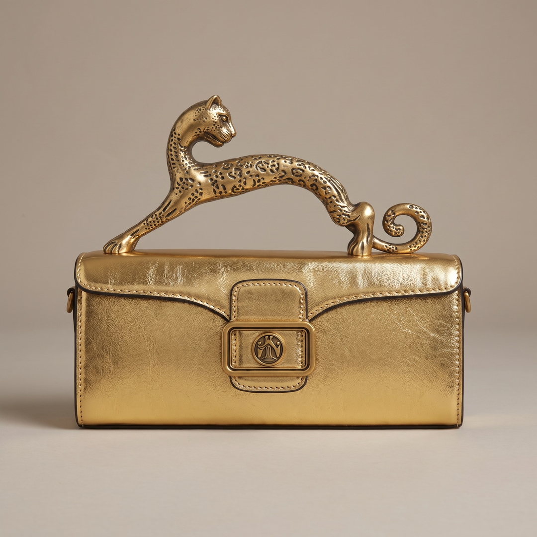 Women's Leather Bag for Events with Brass Leopard Accent 8