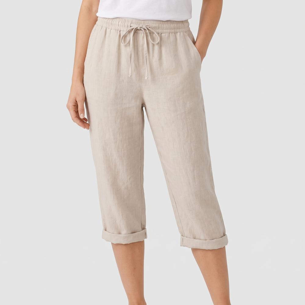 Women's Relaxed Cropped Linen Pants with Drawstring Waist 1