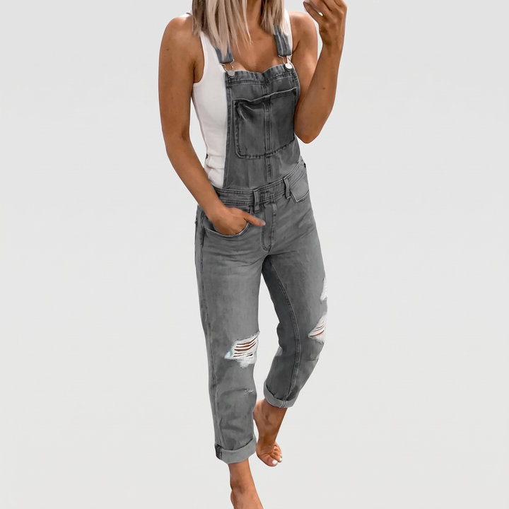 Women's Relaxed Denim Overalls with Distressed Detailing 1