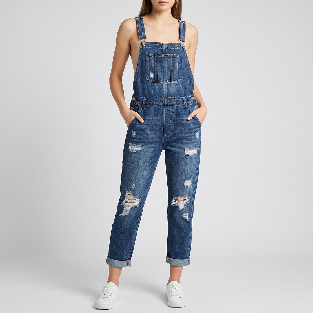 Women's Relaxed Denim Overalls with Distressed Detailing 2