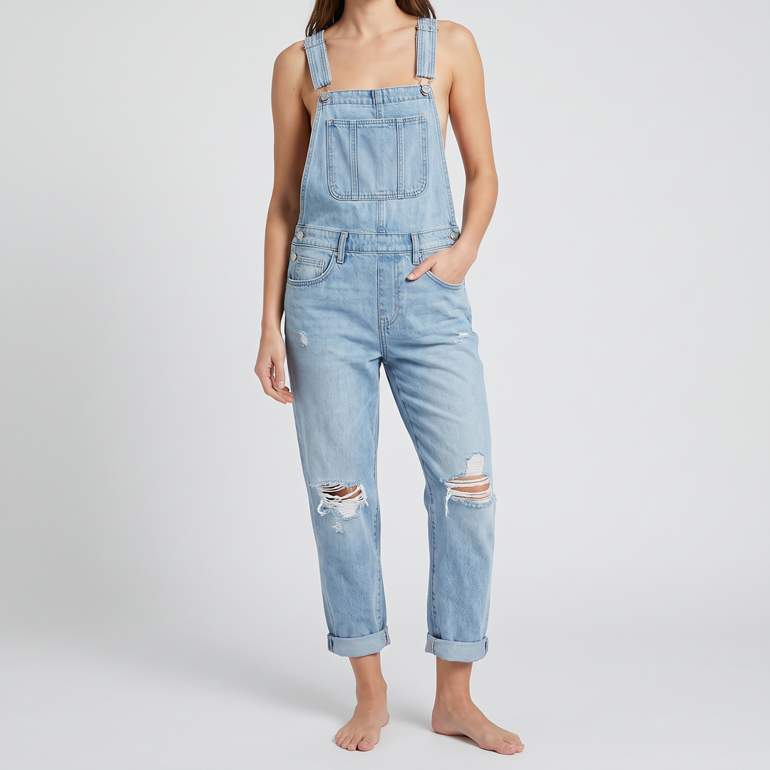 Women's Relaxed Denim Overalls with Distressed Detailing 3