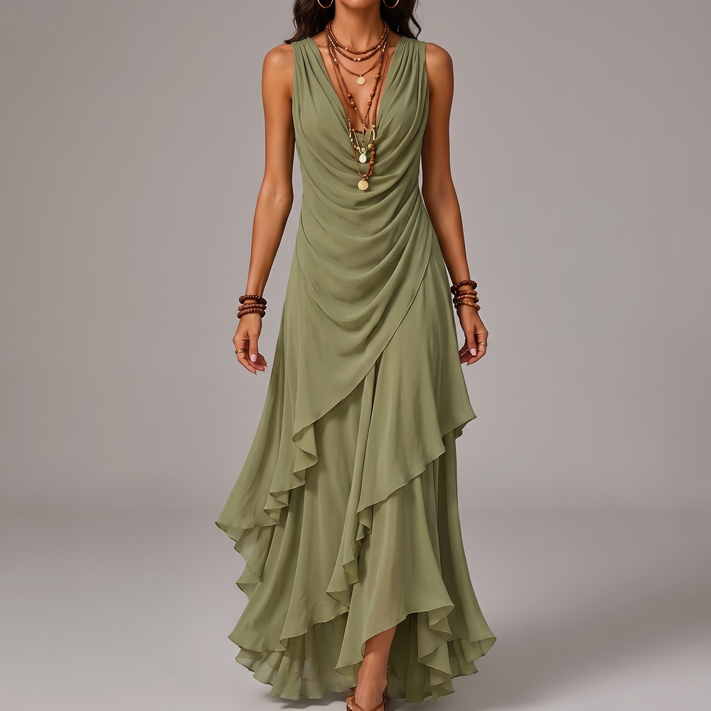 Women's Ruffle Maxi Dress for Resorts with Ruched Waist 2