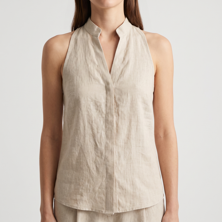 Women's Sleeveless Linen Blouse for Work with Mock Neck 1