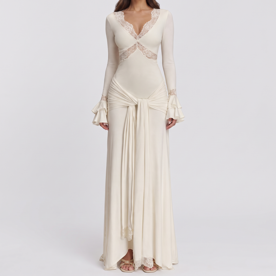 Women's Slinky Lace Maxi Dress with Deep V-Neck 1