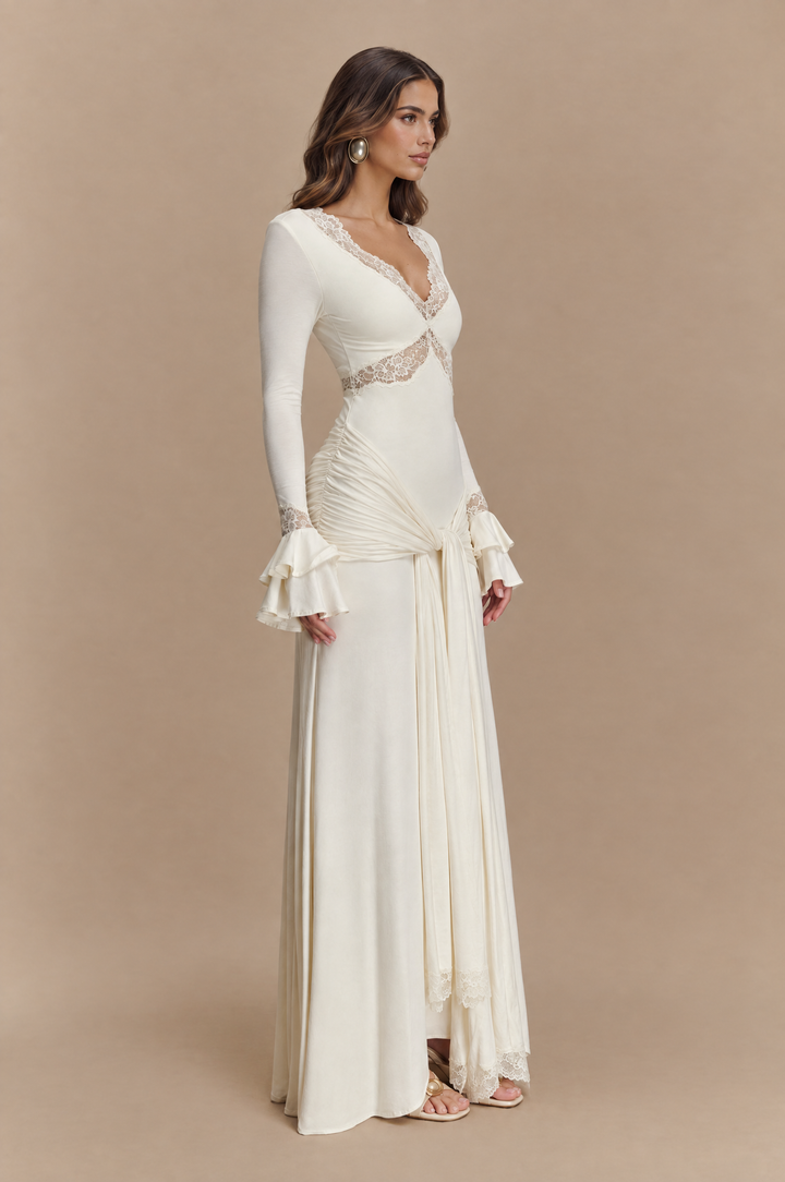 Women's Slinky Lace Maxi Dress with Deep V-Neck 4