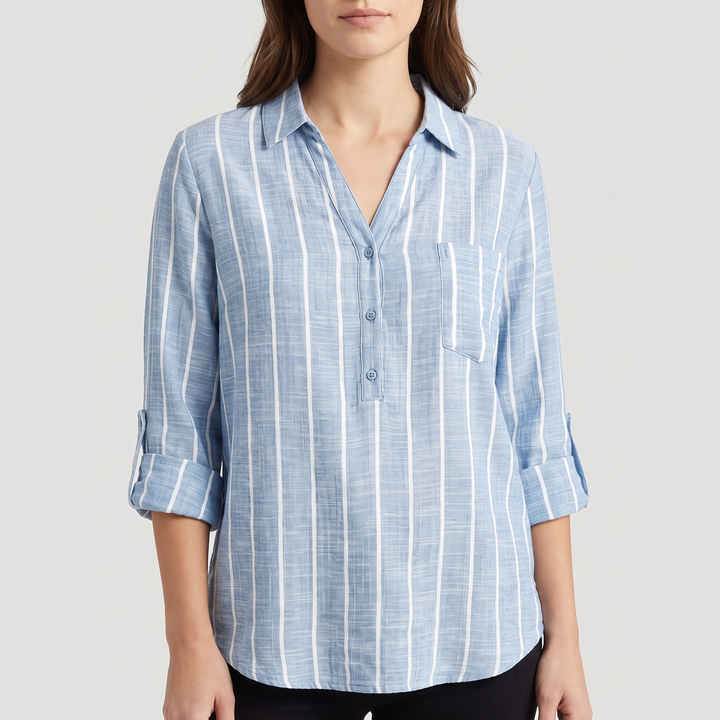 Women's Soft Cotton Striped Shirt for Warm Days with V-Neck 8