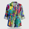 Women's Vibrant Geometric Blouse with Roll-Tab Sleeves