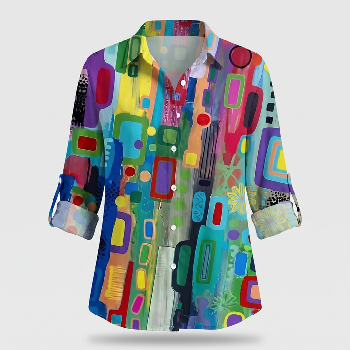 Women's Vibrant Geometric Blouse with Roll-Tab Sleeves 0