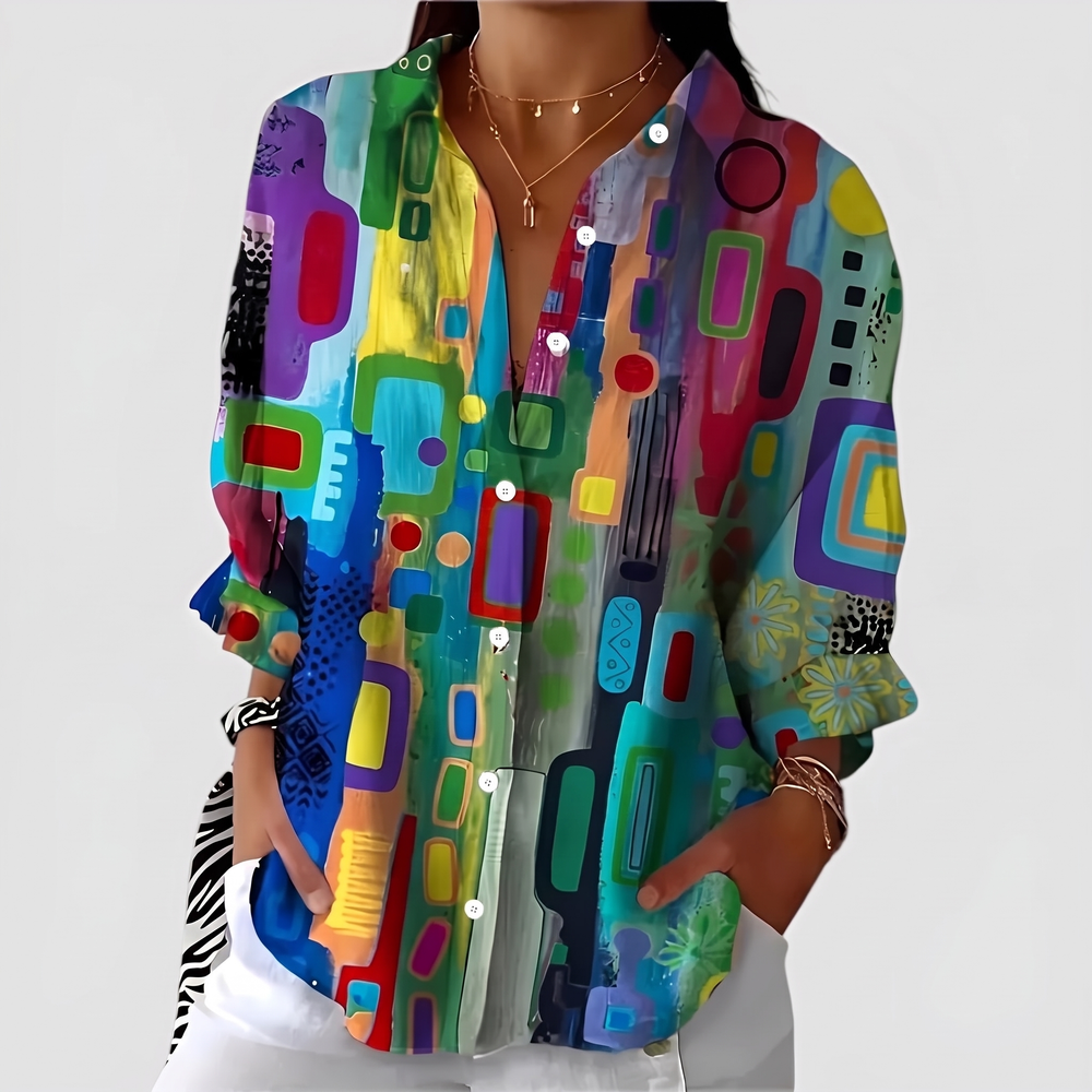 Women's Vibrant Geometric Blouse with Roll-Tab Sleeves 1
