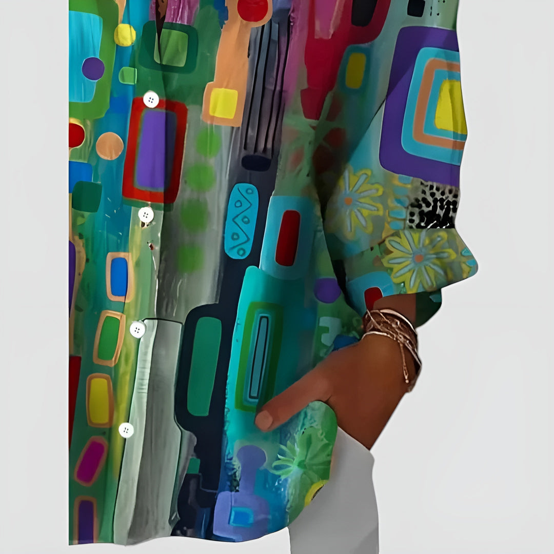 Women's Vibrant Geometric Blouse with Roll-Tab Sleeves 2